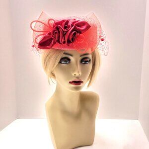 Red Pillbox Hat with Netting